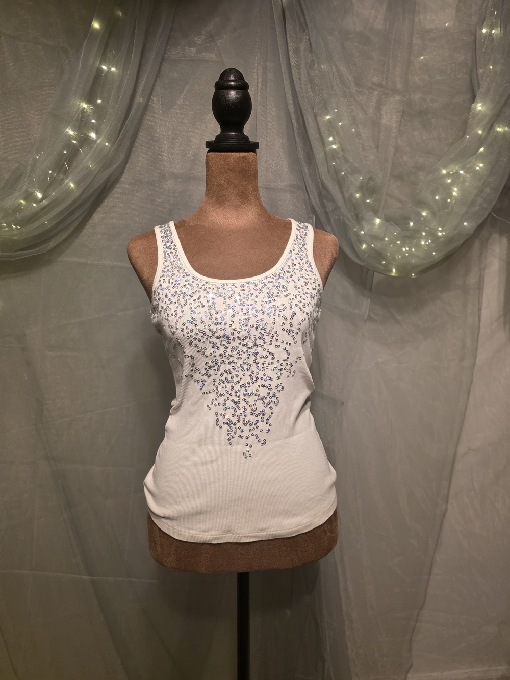 Express Size XS White Tank Top with Silver Sequin Detail